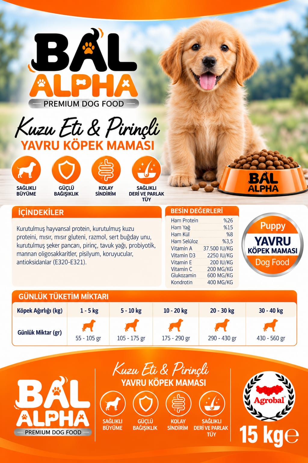 Bal Alpha Yavru Köpek Maması ürün içeriği, besin değerleri ve beslenme rehberi